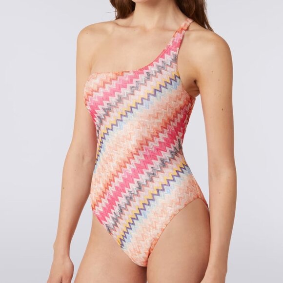 NWT Missoni One Piece Swimsuit Chevron Pink One Shoulder Bodysuit New XS 36 - Picture 3 of 11